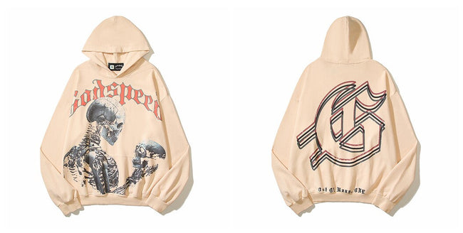 Vintage "Godspeed" Skeleton Graphic Oversized Beige Hoodie Hover Image