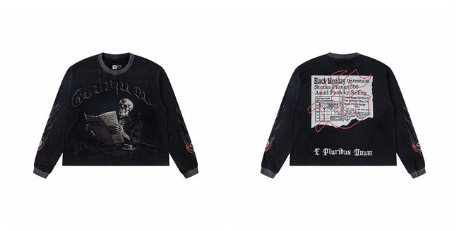Godspeed "E Pluribus Unum" Black Monday Newspaper Skeleton Black Long Sleeve Tee Hover Image