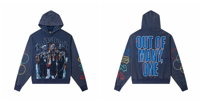 Vintage "Godspeed" Basketball Skeletons Oversized Blue Hoodie Hover Image