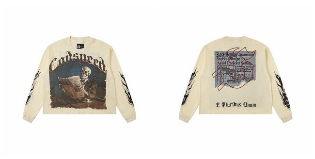 Godspeed "E Pluribus Unum" Black Monday Newspaper Skeleton Beige Long Sleeve Tee Hover Image