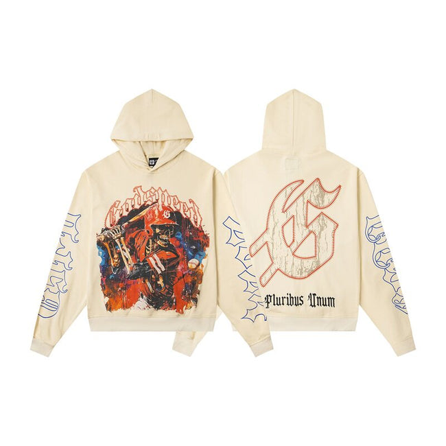 Vintage "Godspeed" Baseball Batter Skeleton Oversized Beige Hoodie Hover Image