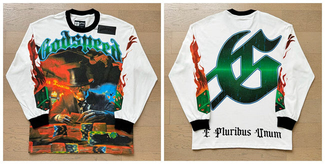 Godspeed "E Pluribus Unum" Poker Skull White Long Sleeve Tee Hover Image