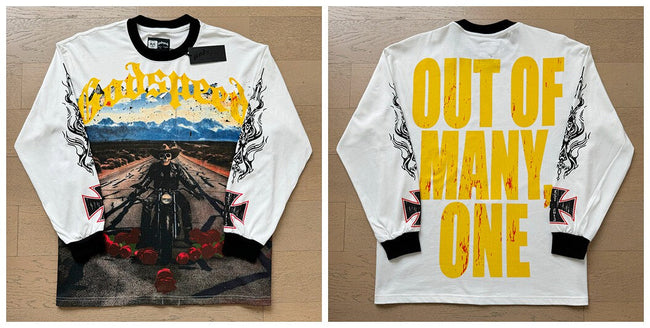 Godspeed "Out of Many, One" Motorcycle Skeleton White Long Sleeve Tee Hover Image