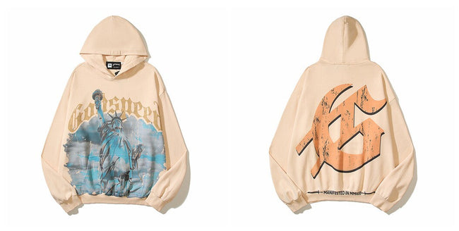 Vintage "Godspeed" Statue of Liberty Graphic Oversized Beige Hoodie Hover Image
