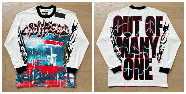 Godspeed "Out of Many, One" Red Car Graphic White Long Sleeve Tee Hover Image