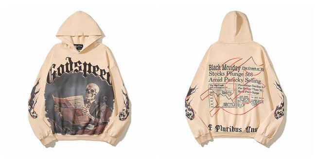 Vintage "Godspeed" Black Monday Newspaper Skull Oversized Beige Hoodie Hover Image