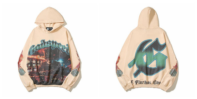 Vintage "Godspeed" Casino Dice Graphic Oversized Beige Hoodie Hover Image