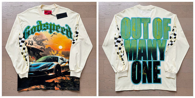 Godspeed "Out of Many, One" Sports Car Graphic Beige Long Sleeve Tee Hover Image