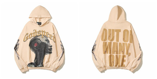 Vintage "Godspeed" Cyborg Head Oversized Beige Hoodie Hover Image