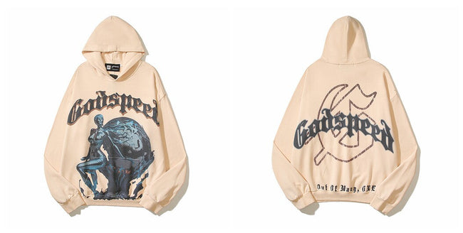 Vintage "Godspeed" Globe Figure Oversized Beige Hoodie Hover Image
