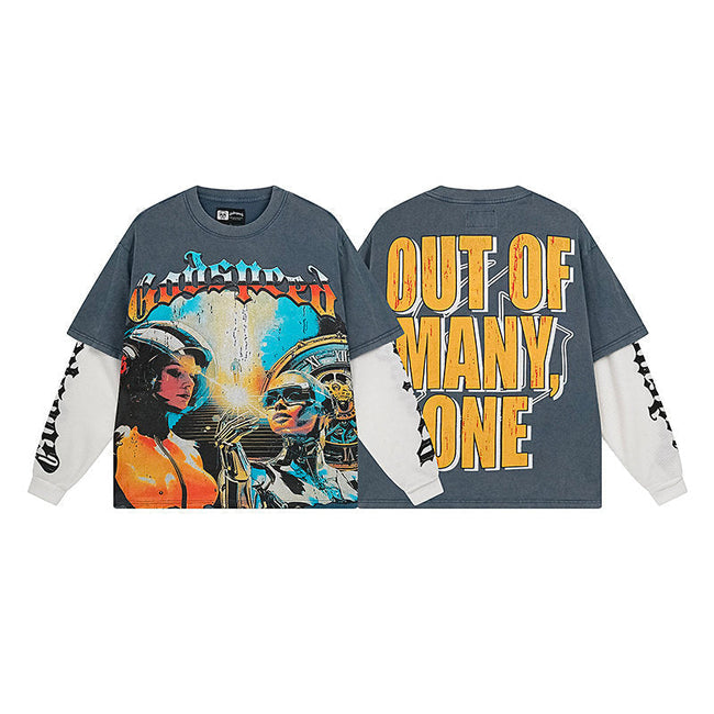 Godspeed "Out of Many, One" Futuristic Sci-Fi Graphic Grey Layered-Look Long Sleeve Tee Hover Image