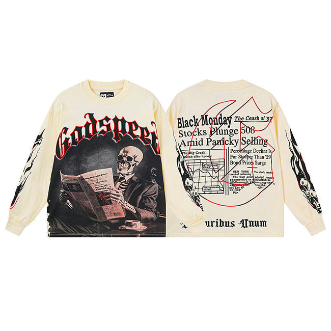 Godspeed "E Pluribus Unum" Black Monday Newspaper Skeleton Beige Long Sleeve Tee Hover Image